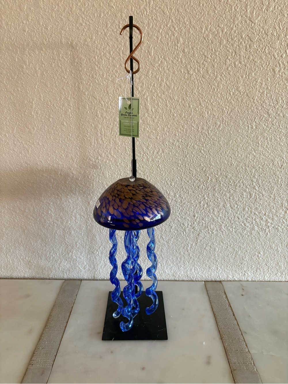 Deep Royal Blue Glass Jellyfish Wind Chine With Gold Fleck Sparkling Accents